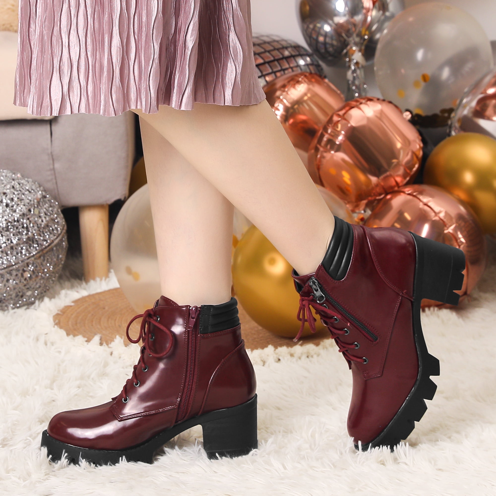 Unique Bargains Women's Lace Up Platform Chunky Heel Combat Boot Burgundy 9.5