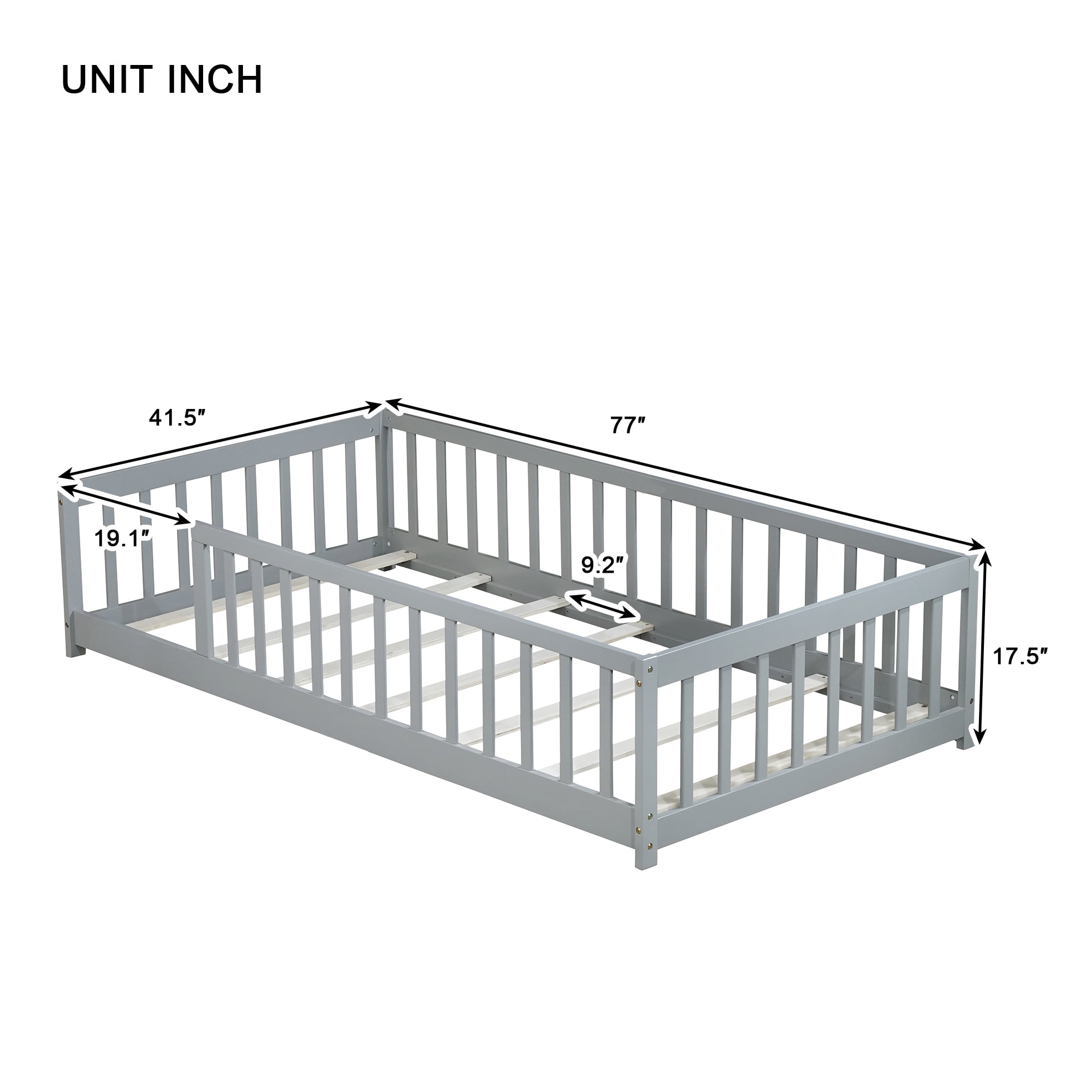 Sailvan Twin Floor Bed with Safety Guardrails,Solid Rubber Wood Fence Kids Bed Frame Grey