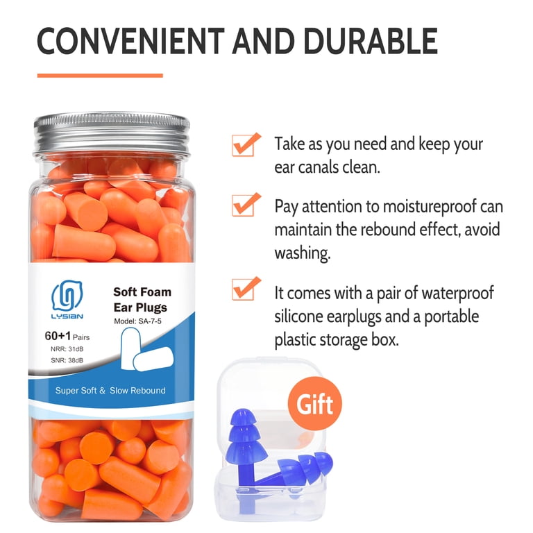 LYSIAN Soft Foam Earplugs, 60 Pairs, Orange photo 2
