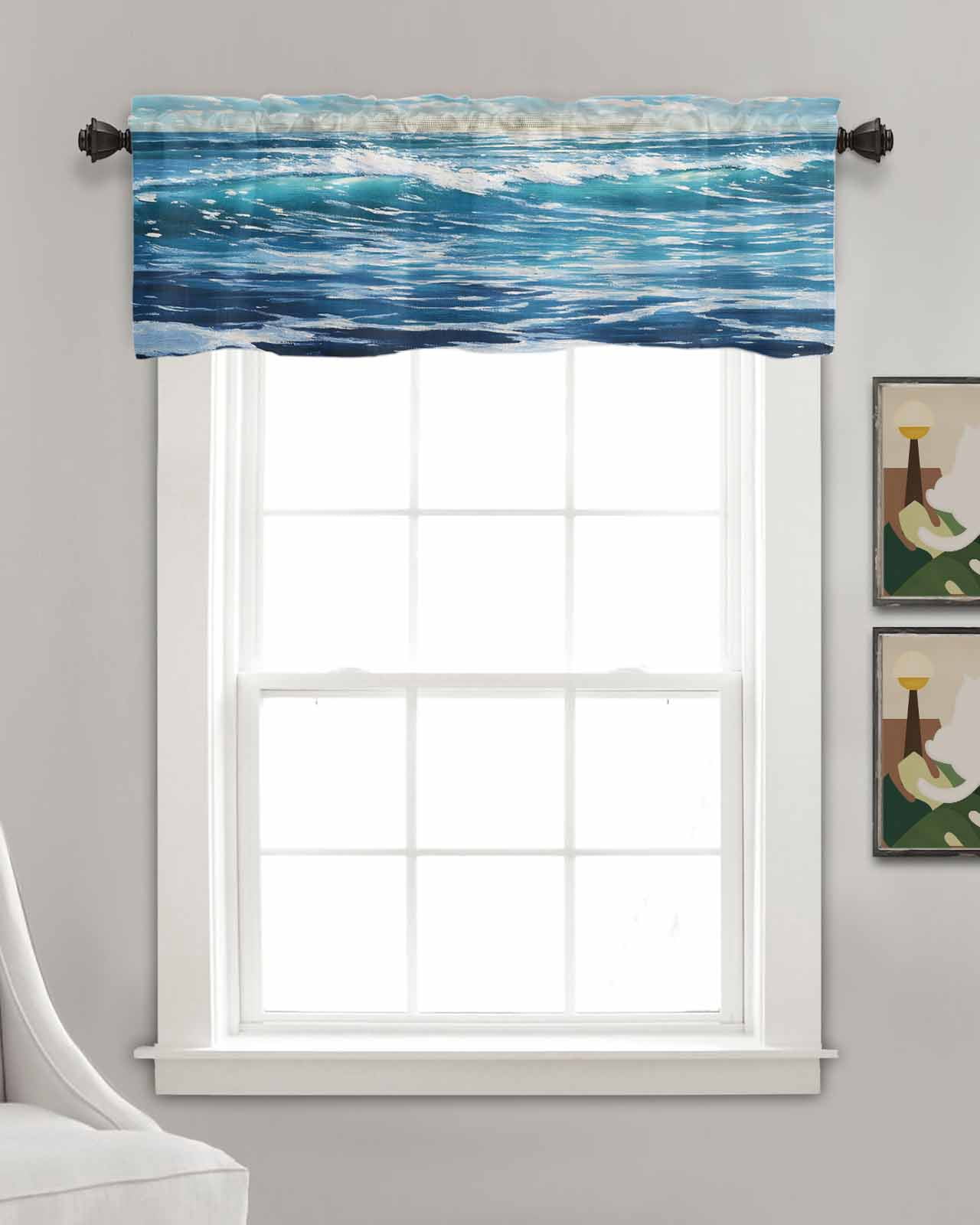 Blue Coastal Kitchen Valances for Windows Farmhouse Linen Window Valance Curtain for Living Room Window Treatment Ocean Sea Nautical Summer Beach Valance Rod Pocket Topper Drape, 54 x 18 Inch