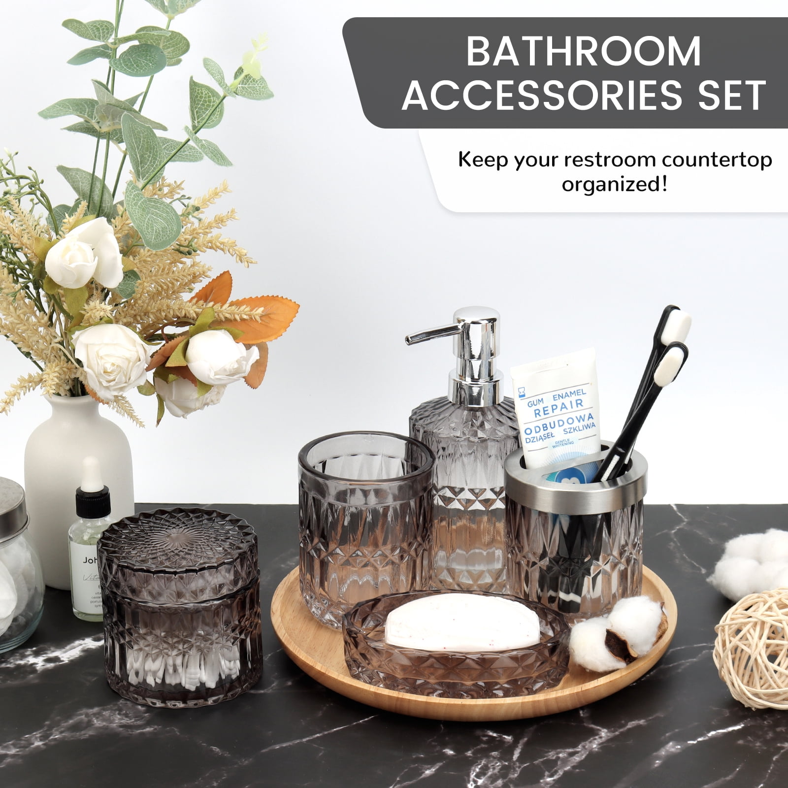 AOMOTA 5Pcs Bathroom Accessories Set, Modern Glass Bathroom Accessories with Lotion Soap Dispenser, Soap Dish, Toothbrush Holder, Tumbler, Cotton Swab Jars, Perfect for Bathroom Theme Gift,Black