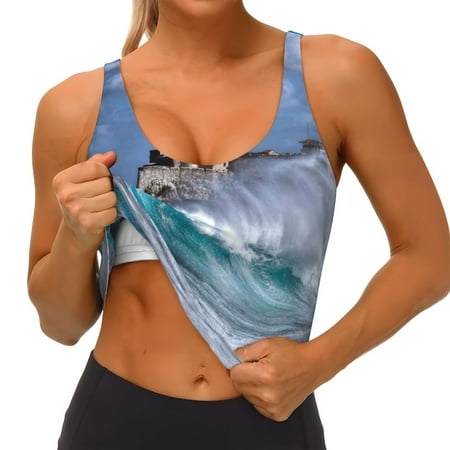 Qokaie Lighthouse in Havana Pattern Womens Scoop Neck Sports Bra Breathable Workout Vest Padded U Back Medium Impact Fitness Gym Yoga Bra Workout Crop Top