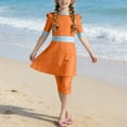 thumbnail image 5 of Einccm Girls 3-Piece Swimsuit Set Long Sleeve Conservative Surf Suit with Hawaiian Print and Contrast Stripe Design, Includes Swim Cap for Kids 0-13 Years, for Summer Activities, 5 of 6
