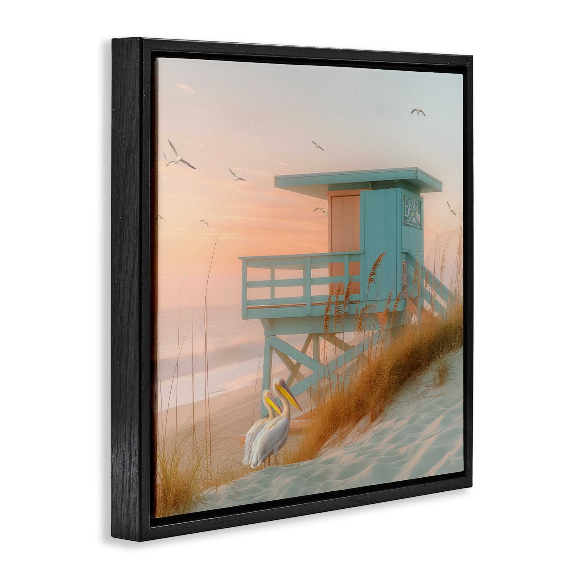 Stupell Industries Coastal Charm Beach Hut Coastal Painting Black Floater Framed Canvas Art Print Wall Art, 25 x 25