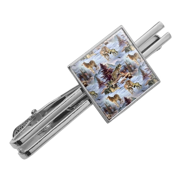 Wolf Pack Baby Wolves Snow Mountains Pattern Square Tie Bar Clip Clasp Tack- Silver or Gold