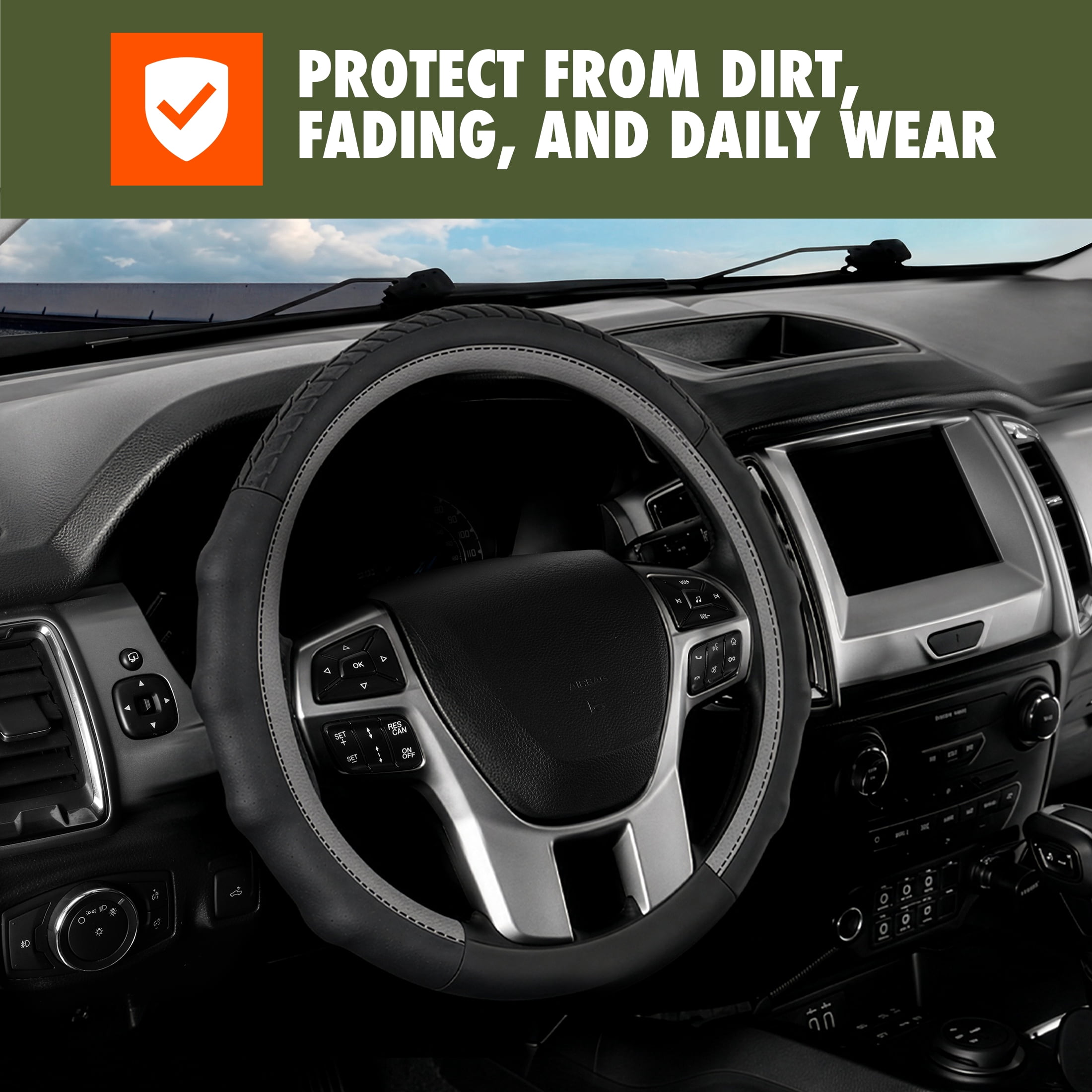 Ozark Trail Truck Steering Wheel Cover Genuine Leather with Contour Grip, Fits 16" diameter, Black Gray