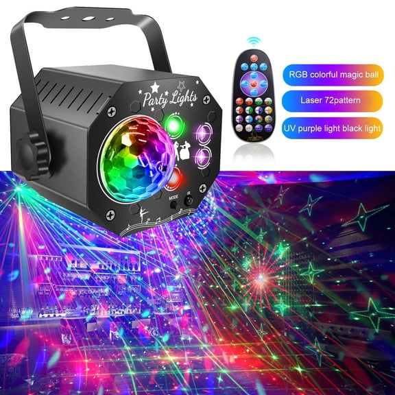 3-in-1 Mini Disco Party Light, RGB LED DJ Light with Strobe, Red & Green Star Projection, Sound Activated, Remote Control