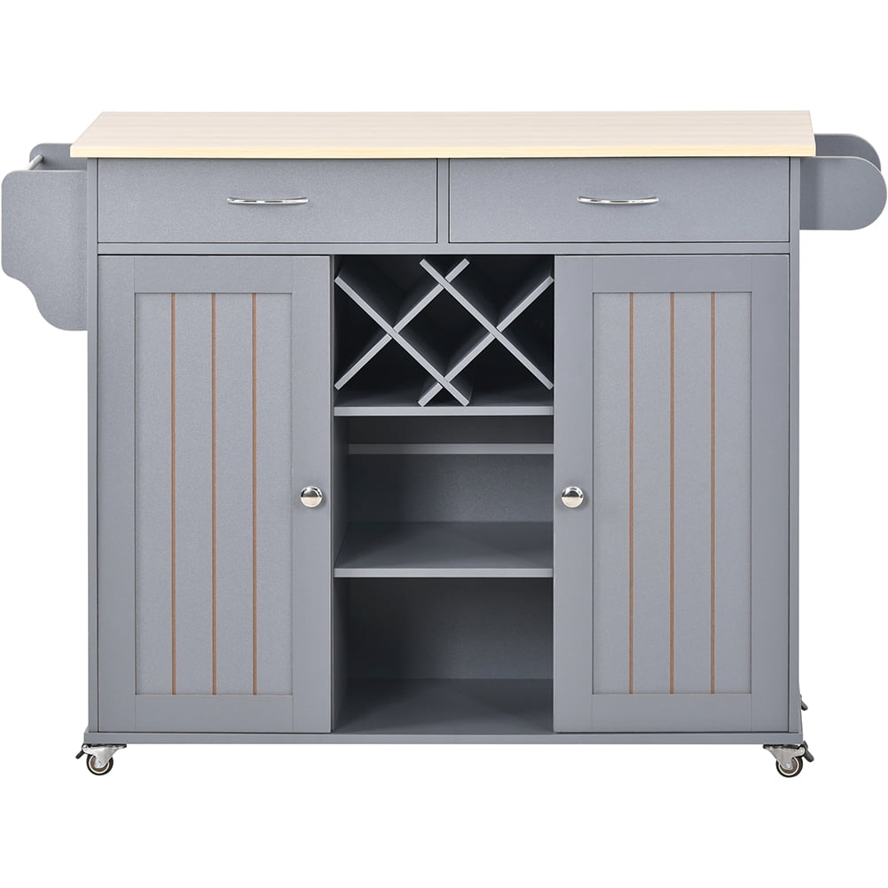Kadyn Kitchen Island Cart, Kitchen Cart with Two Storage Cabinets and Four Locking Wheels, Kitchen Cart Cabinet with Wine Rack and Two Drawers, Gray Blue Kadyn Kitchen Island Cart, Kitchen Cart with Two Storage Cabinets and Four Locking Wheels, Kitchen Cart Cabinet with Wine Rack and Two Drawers, Gray Blue