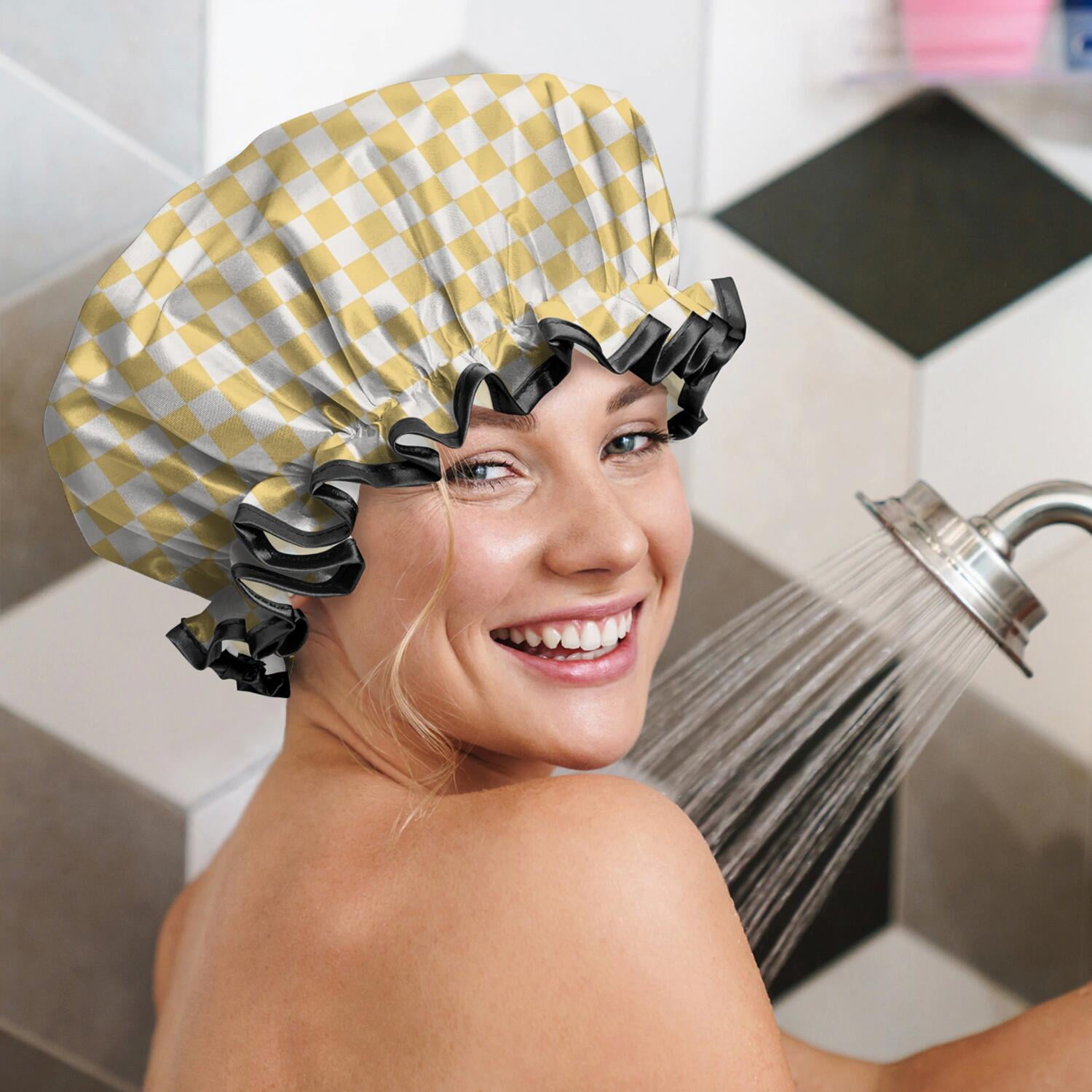 Shower Caps,Yellow and White Checkerboard Pattern Waterproof Shower Cap for Women 4 Pieces,Double Reusable Hair Cover for Shower PEVA Elastic Stretch Hem
