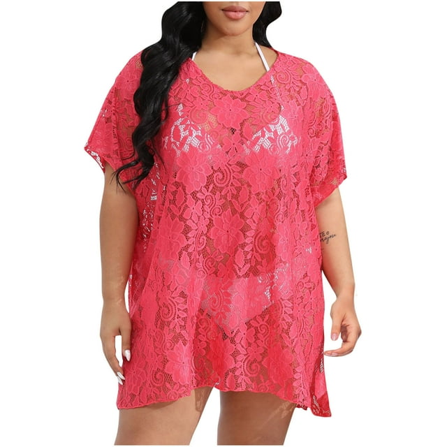 Besolor Paréos pour Femmes Grande Taille en Dentelle Florale à Manches Courtes Ajourées, Robe Courte de Plage d'Été pour Maillot de Bain