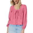 thumbnail image 1 of Blusas de gasa con cuello en V y volantes de tendencia para mujer: tops de encaje con lazo delantero, peplum transparente, camisas de manga larga con botones., 1 of 4