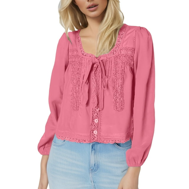 Blusas de gasa con cuello en V y volantes de tendencia para mujer: tops de encaje con lazo delantero, peplum transparente, camisas de manga larga con botones.