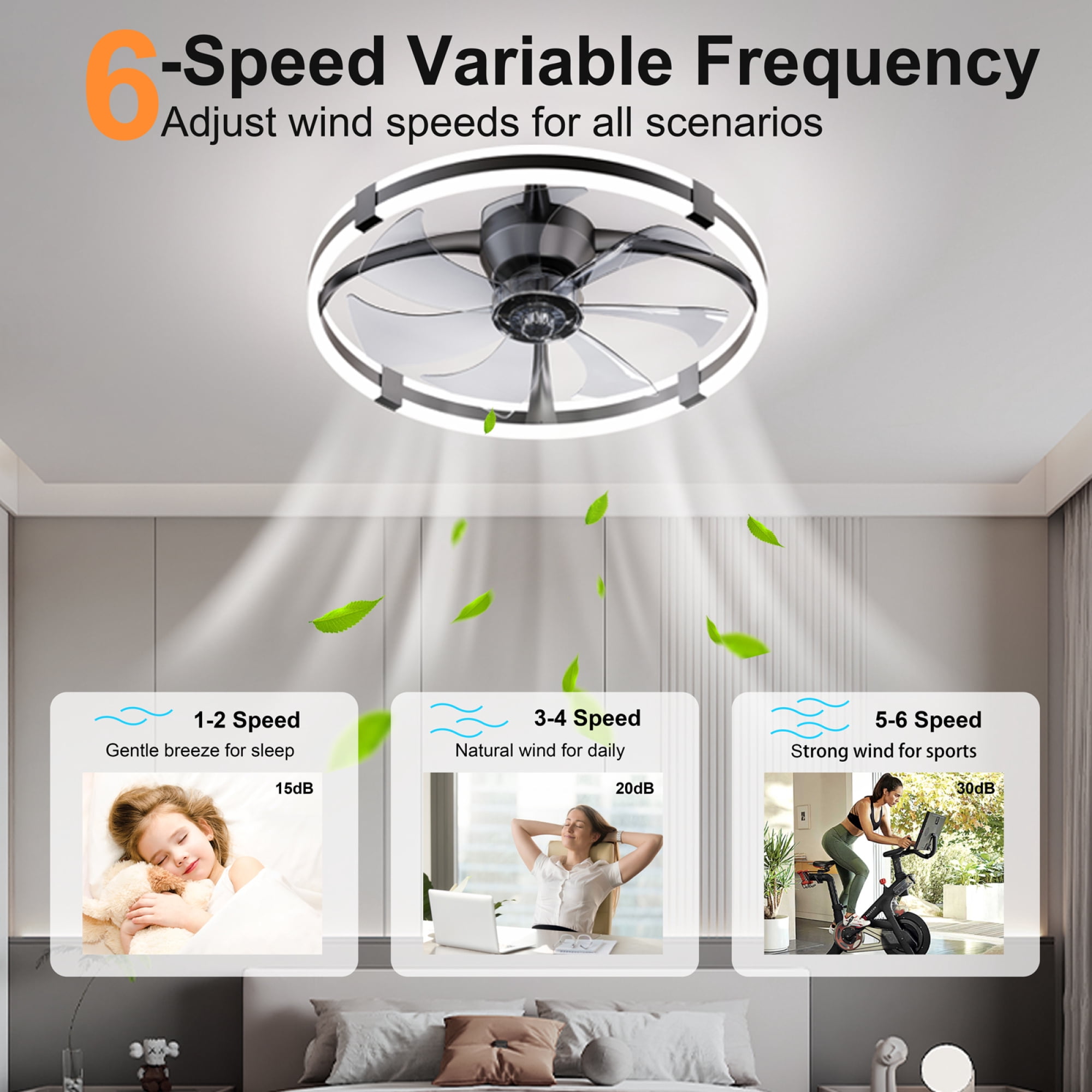 Leumius 23.6" LED Ceiling Fan with Light Remote DC Motor Aluminum Body 6-Speed Infinite Dimming LED Ceiling Fan for Bedroom Living Room Black