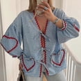 thumbnail image 4 of Women's Plaid Lace Up Bow Shirts Heart Pockets Long Puff Sleeve V-neck Blouses, 4 of 5