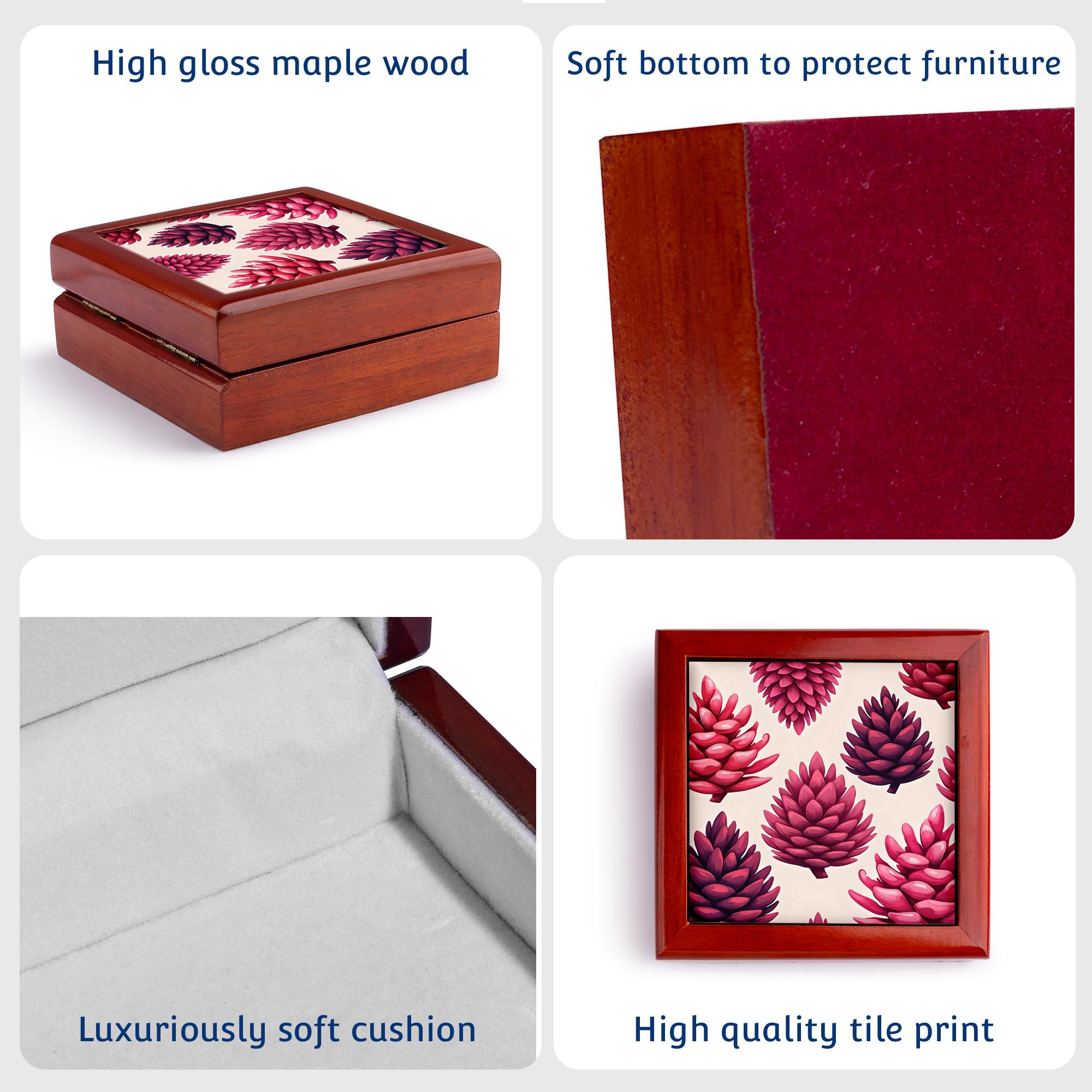 3dRose, Pinecones Pink Pattern MId-Century Modern Kitschy Design, Jewelry Box 5.5x5.5 inch with 4 inch tile