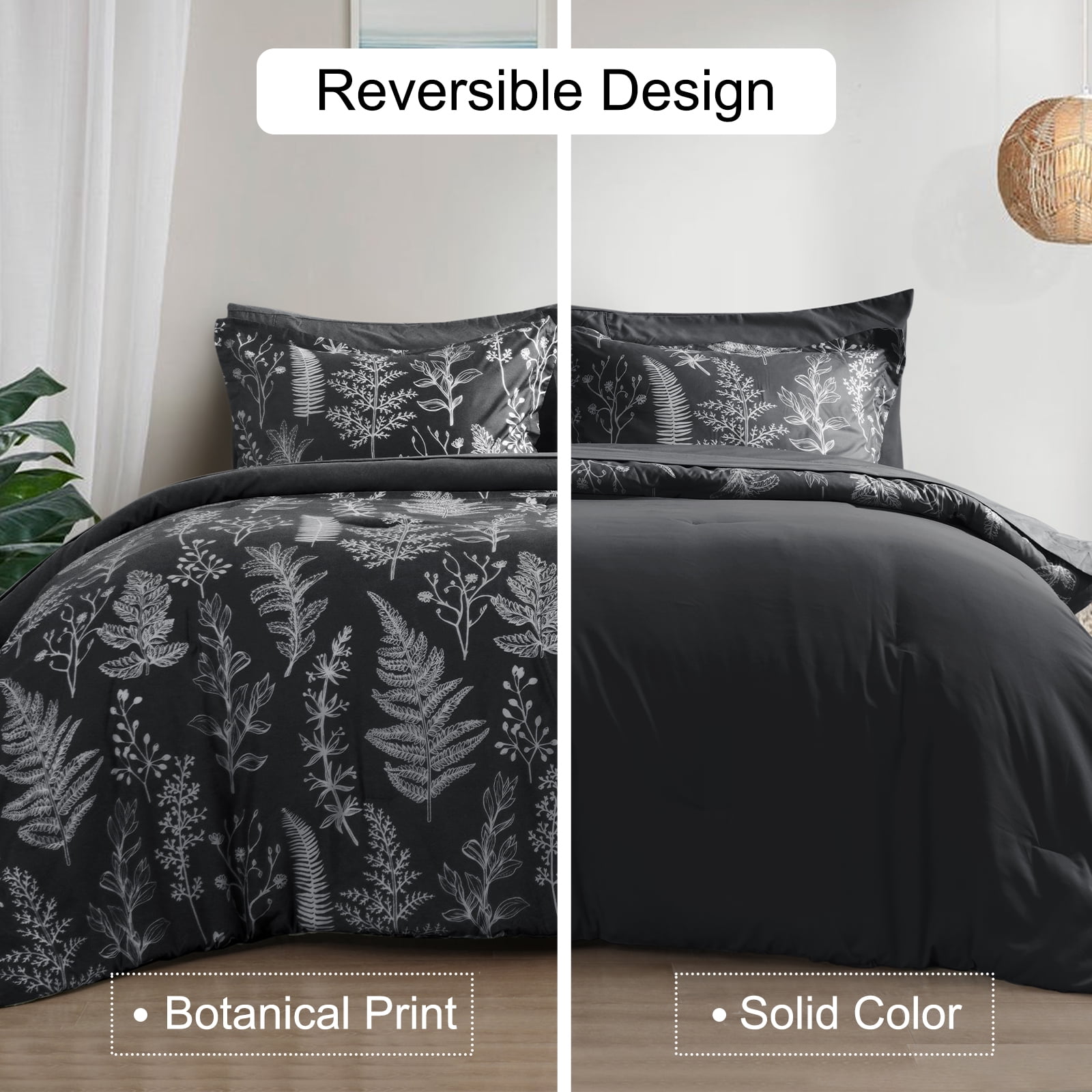 PHF 3 Pieces Printed Comforter Set Queen Size, Lightweight Botanical Floral Bed in a Bag, Ultra Soft Bedding Set with 1 Reversible Comforter and 2 Pillow Shams, Black
