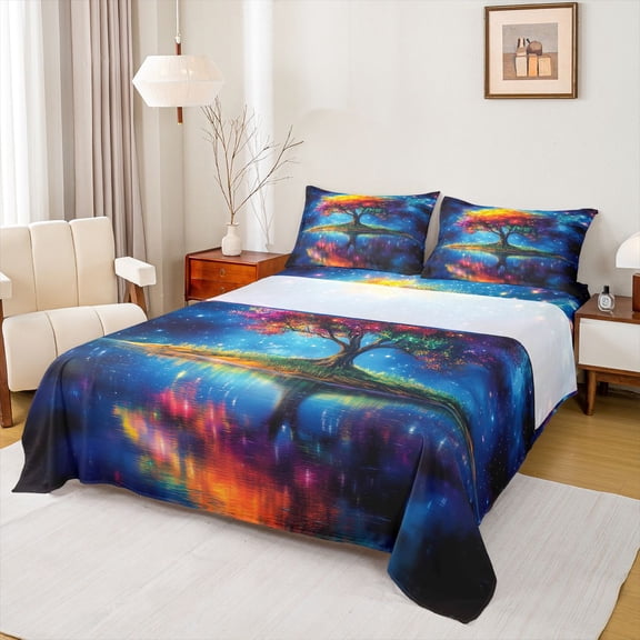 Manfei Tree Of Life Boy Girl Twin Sheet Sets 3pcs,Bohemian Theme Twin Fitted Sheet Microfiber,Starry Sky Breathable Flat Sheet,Breathable Home Decor