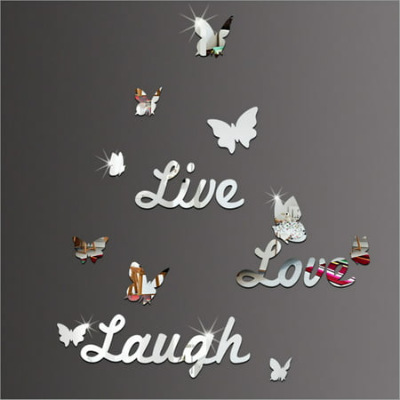 3D Mirror Wall Sticker Live Laugh Love Quote & Butterflies Art Decals Home Decoration Removable
