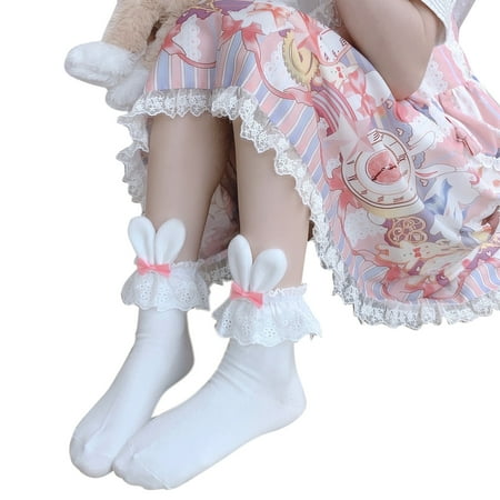 

Japanese Women Lolita Short Ankle Socks Harajuku Sweet Kawaii 3D Plush Rabbit Ears Mini Satin Bow Ruffled Lace Trim Cosplay Princess Hosiery