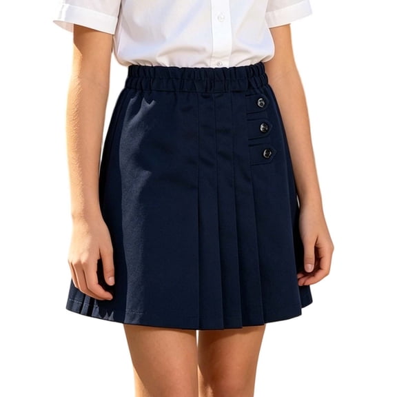 hoksml Girls Back to School Side Button Pleated Skirt, Elastic Waist Cotton School Uniform Mini Skirt for Kids