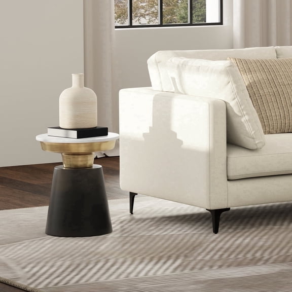 Simpli Home Jaxine 16 inch Wide Marble and Metal Contemporary Side Table in Black and Gold