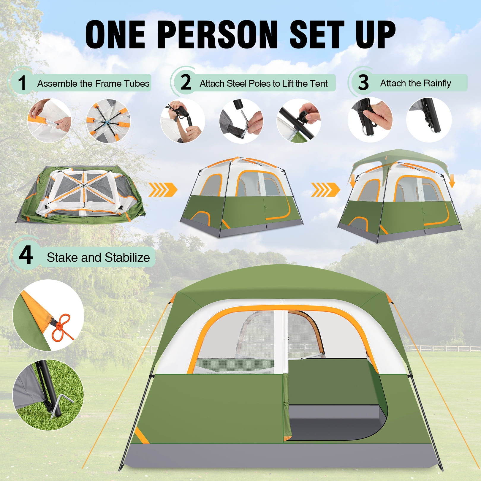 COBIZI 6 Person Tent for Camping with Waterproof Rainfly,EZ Set up Tent Windproof Instant Family Cabin Camping Tent with Mesh Door & Ventilation Windows for Beach Camping Hiking Backpacking,Green