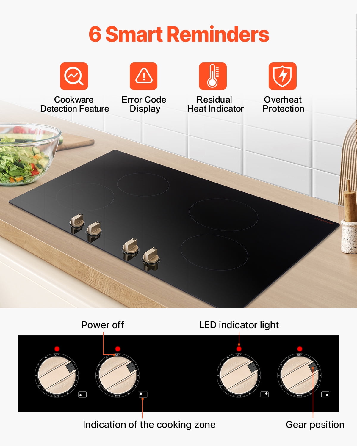 KFFKFF Induction Stove, 6600W Electric Kitchen Burner, Quadruple Knob Control Cooktop, Integrated Induction Stove with a Dozen Heat Settings, Glass Top, Automatic Power Off