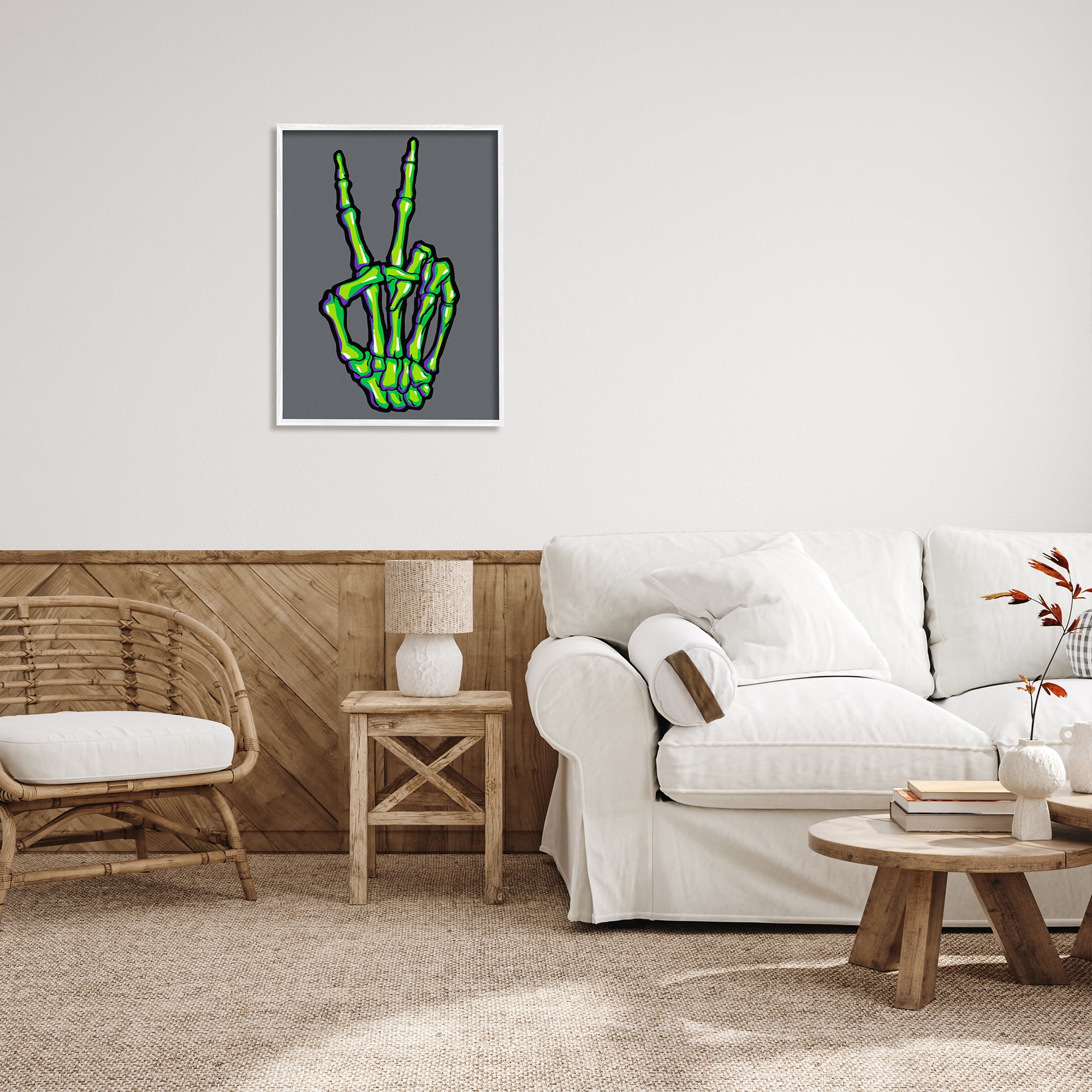 Stupell Industries Green Skeleton Peace Hand Holiday Painting White Framed Art Print Wall Art, 24 x 30