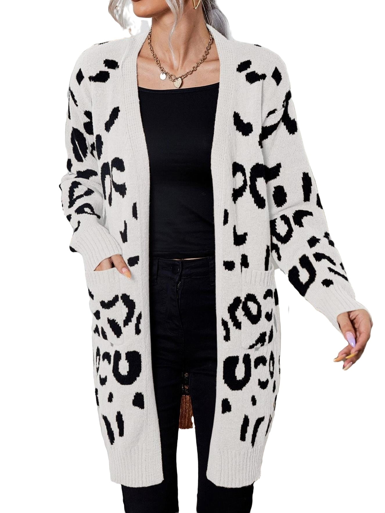 Casual Leopard Print Cardigan Long Sleeve Black and White Women