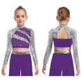 thumbnail image 5 of vastwit Sparkly Sequins Crop Top for Girls Long Sleeve Cutout Back Rhinestones Glitter Cheerleading Shirts Purple 10, 5 of 7