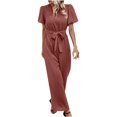 thumbnail image 2 of up to 60% off Gifts Usmixi Jumpsuits for Women Dressy Business Loose Wide Leg Maxi Overalls Jumpsuits with Belt Summer Round Neck Short Sleeve Solid Long Trendy Rompers Wine s, 2 of 5