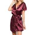 thumbnail image 2 of Satin Lace Trim Robe Short Kimono Style Wrap Sleepwear with Belt, 2 of 4
