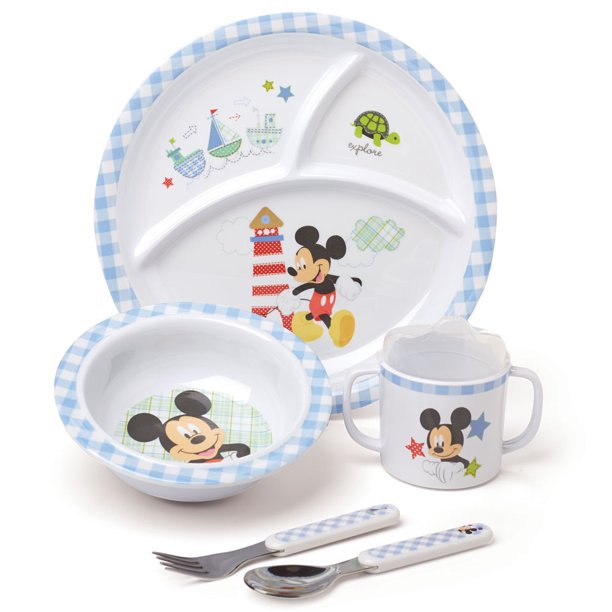 Disney Mickey Mouse 5 Piece Dinner Set w/ Cute Gingham Pattern Meal