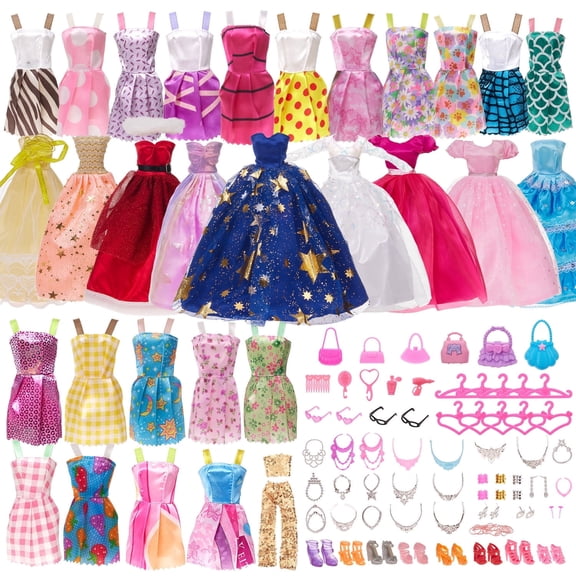 101 Pcs Doll Clothes and Accessories for 11.5 inch Doll, Ramdom Style 5 Wedding Gowns 2 Fashion Dresses 2 Casual Outfit 2 Swimsuits 67 Accessories for Girls Age 3-10