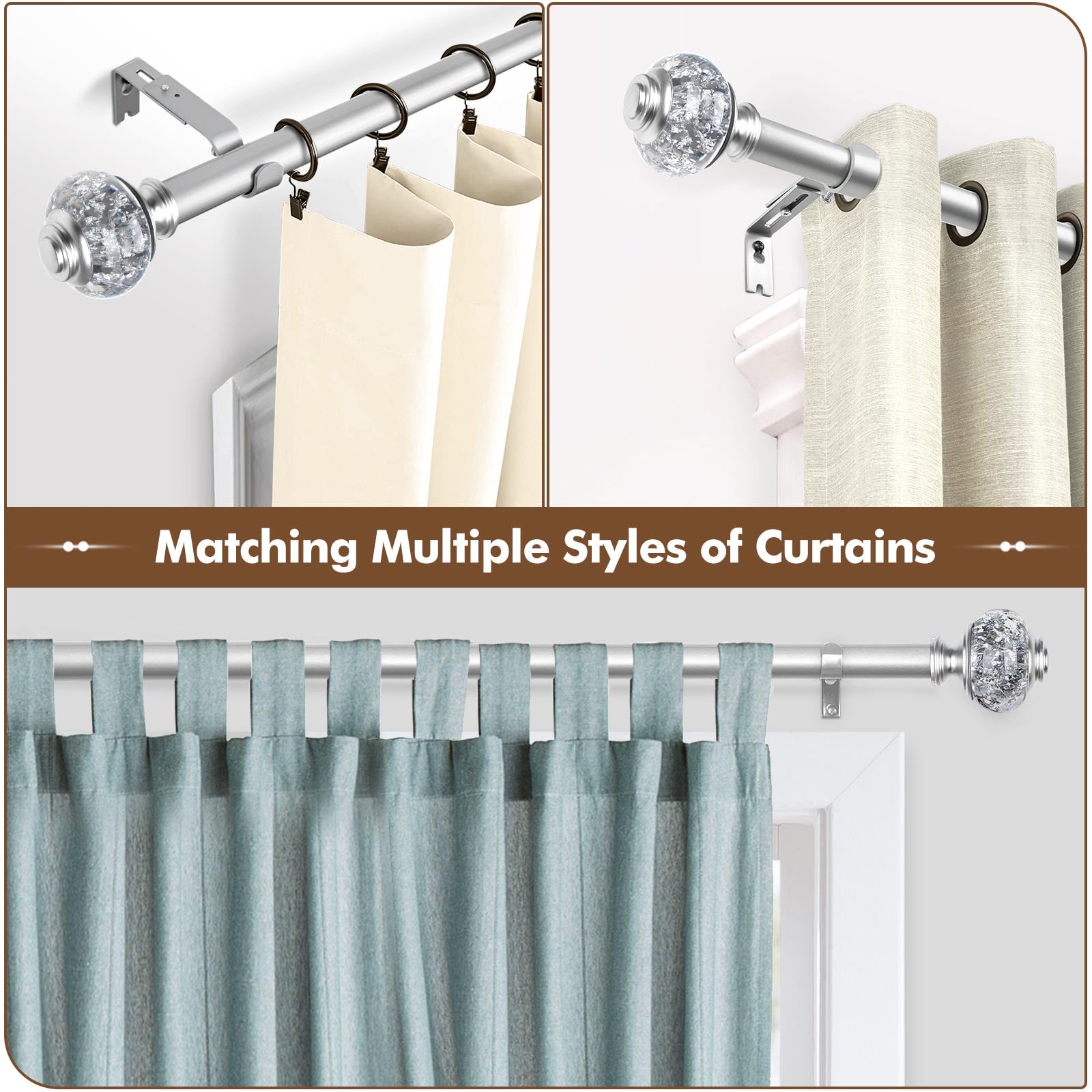 KAMANINA 7/8" Adjustable Single Curtain Rod with Translucent Finial, 28 - 48", Silver