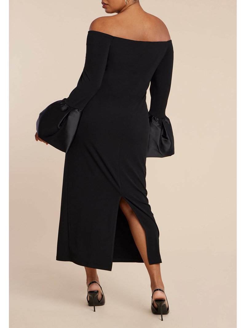 eloquii cocktail dress ELOQUII Women's Plus Size Off The Shoulder Tie Front Midi Dress - Black Onyx