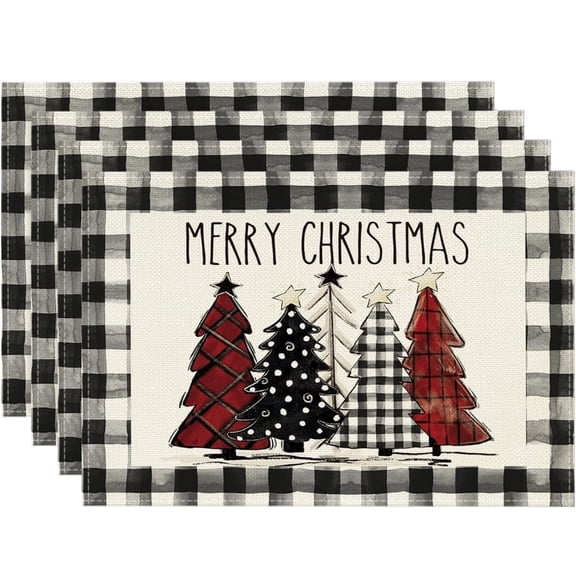Merry Christmas Trees Placemats Set of 4, 12x18 Inch Black Buffalo Plaid Washable Heat Resistant Plastic Woven Table Mats for Party Dining Decor