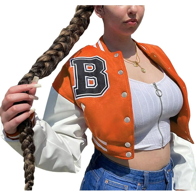 Women Varsity Jacket Long Sleeve Cropped Baseball Jacket Bomber Coats