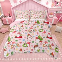 Homewish Kawaii Xmas Gnome Full Size Comforter Sets,Chic Christmas Tree Wreath Bedding Comforter Set,Pink Red Green Bedding Sets For Girls Kids,Ultra Soft Home Decor Reversible,3pcs