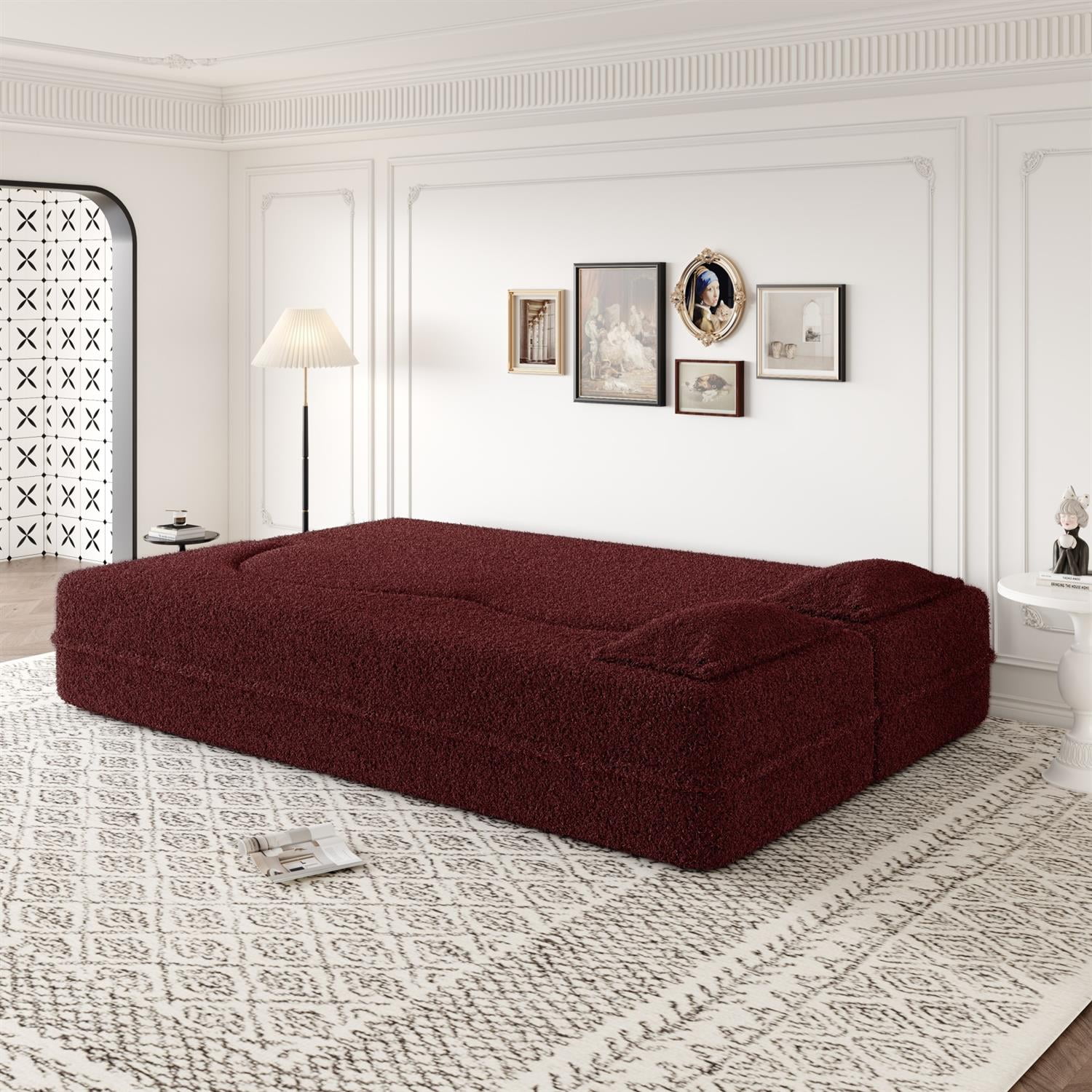 Demi Bonn 78" Modern Floor Sofa Bed with 2 Pillows, Convertible Teddy Fabric Full Size 15" Foam Mattress, No Assembly, Stylish Sleeper Couch for Living Room, Red