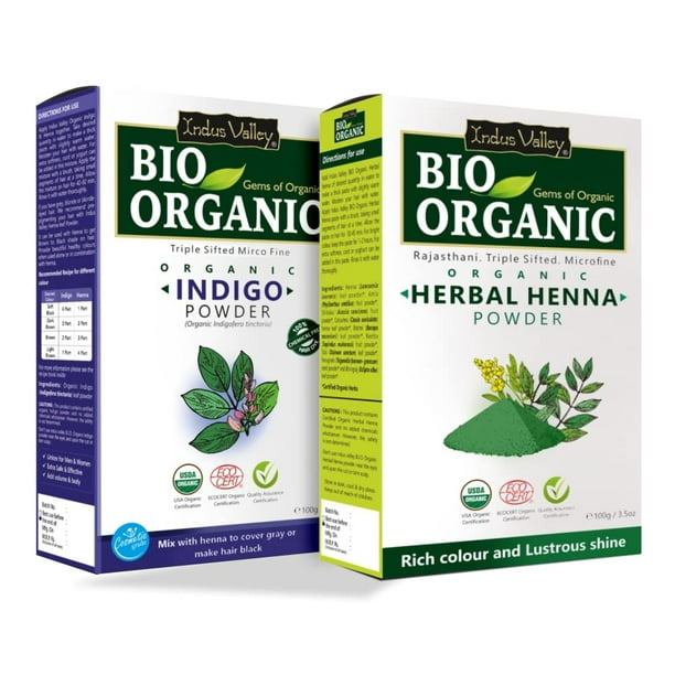 INDUS VALLEY Bio Organic Natural Indigo Powder and Henna Powder Combo for Black  Hair Colour (100 + 100g=200g) 