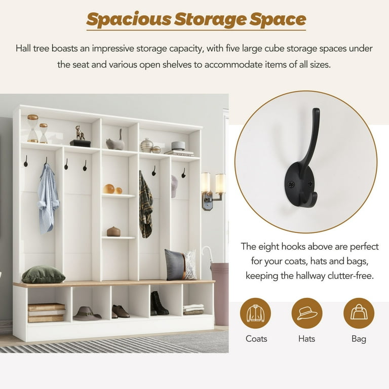66.9 W 4 in 1 Hall Tree with Storage Bench Minimalist Shoe Cabinet with Cube Storage Shelves Entryway Bench with Coat Rack 8 Hooks and Open Shelves for Entryways Mudroom White Walmart