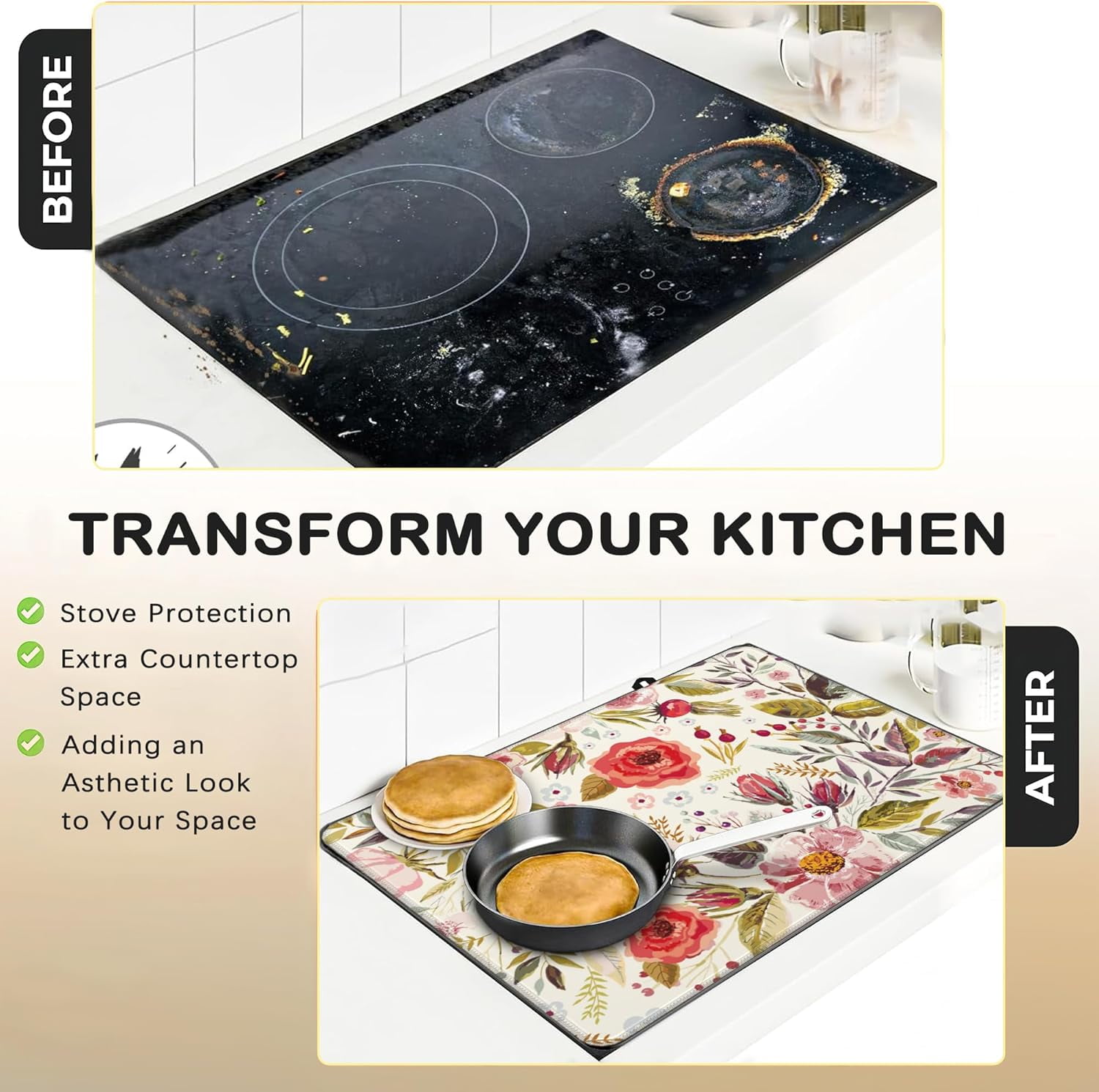 Stove Top Cover for Electric Stove，Christmas Kitchen Decor Vintage Romantic Floral Extra Thick Natural Rubber Glass Top Protector, Prevents Scratching, Expands Usable Space 28.5'''' x 20.5''''