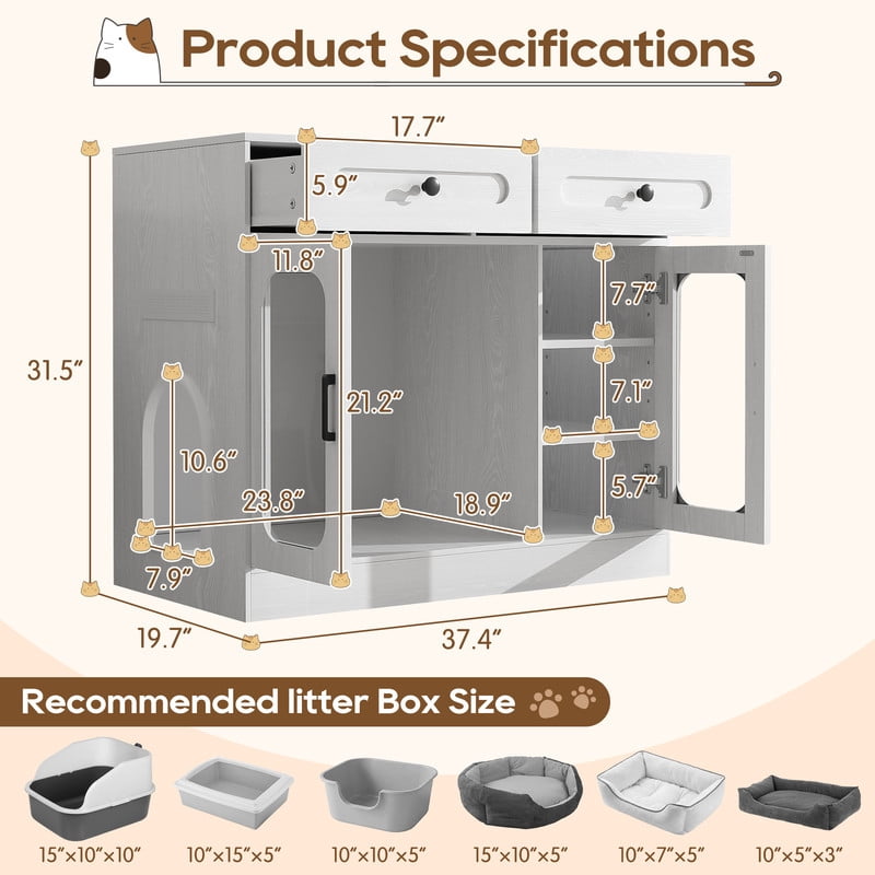 Mirightone Large Hidden Cat Litter Box Furniture&nbsp;with Storage Drawer & Glass Door, Cat Litter Box Enclosure with LED Light, Cat Litter Box Cabinet for Living Room & Entryway, Grey