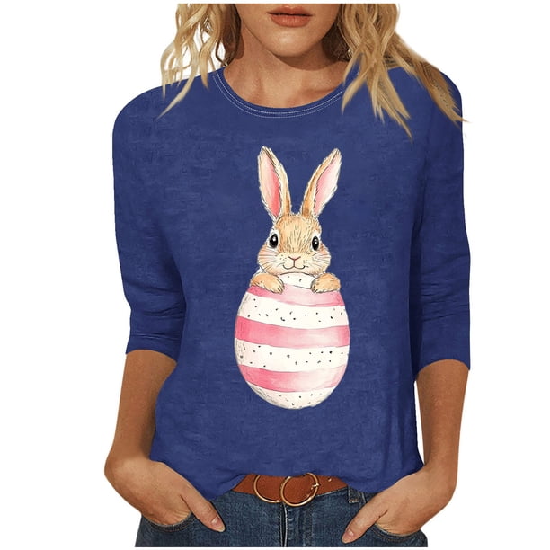 Tops de Cuello Redondo para las Mujeres Pascua Impresa 3/4 Mangas Blusa, Ligera Imitación Algodón Top Casual
