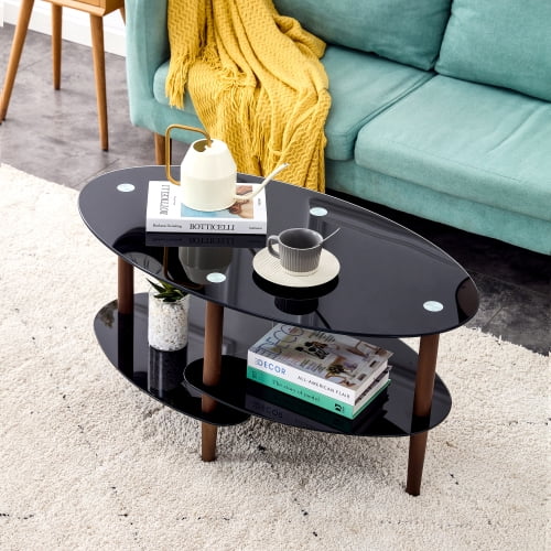 glass coffee table with oak legs