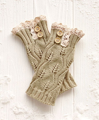 Lacy Fingerless Gloves Button Accent Leaf Pattern Knit Assorted Colors 