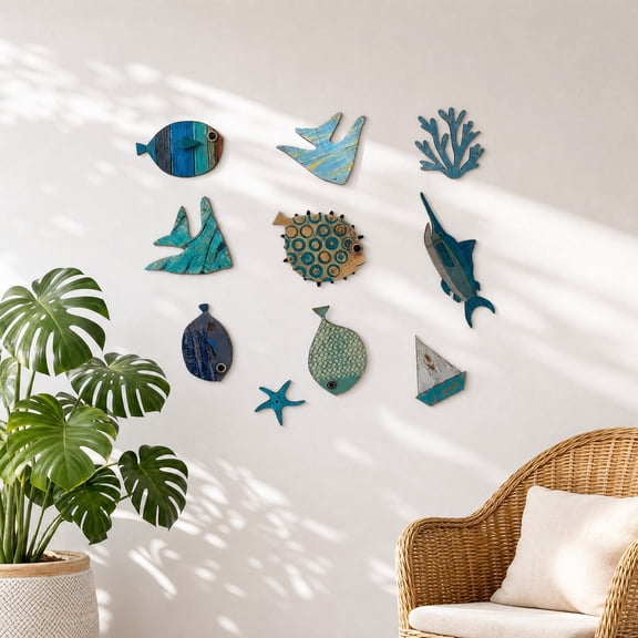Fish Wall Decor, 10 Pcs Wooden School of Fish Hanging Wall Art, Nautical Beach Theme Decor for Bathroom & Home, Rustic Home Hanging Decorative Wall Art, Perfect Home Gift - Fish Wall Decor