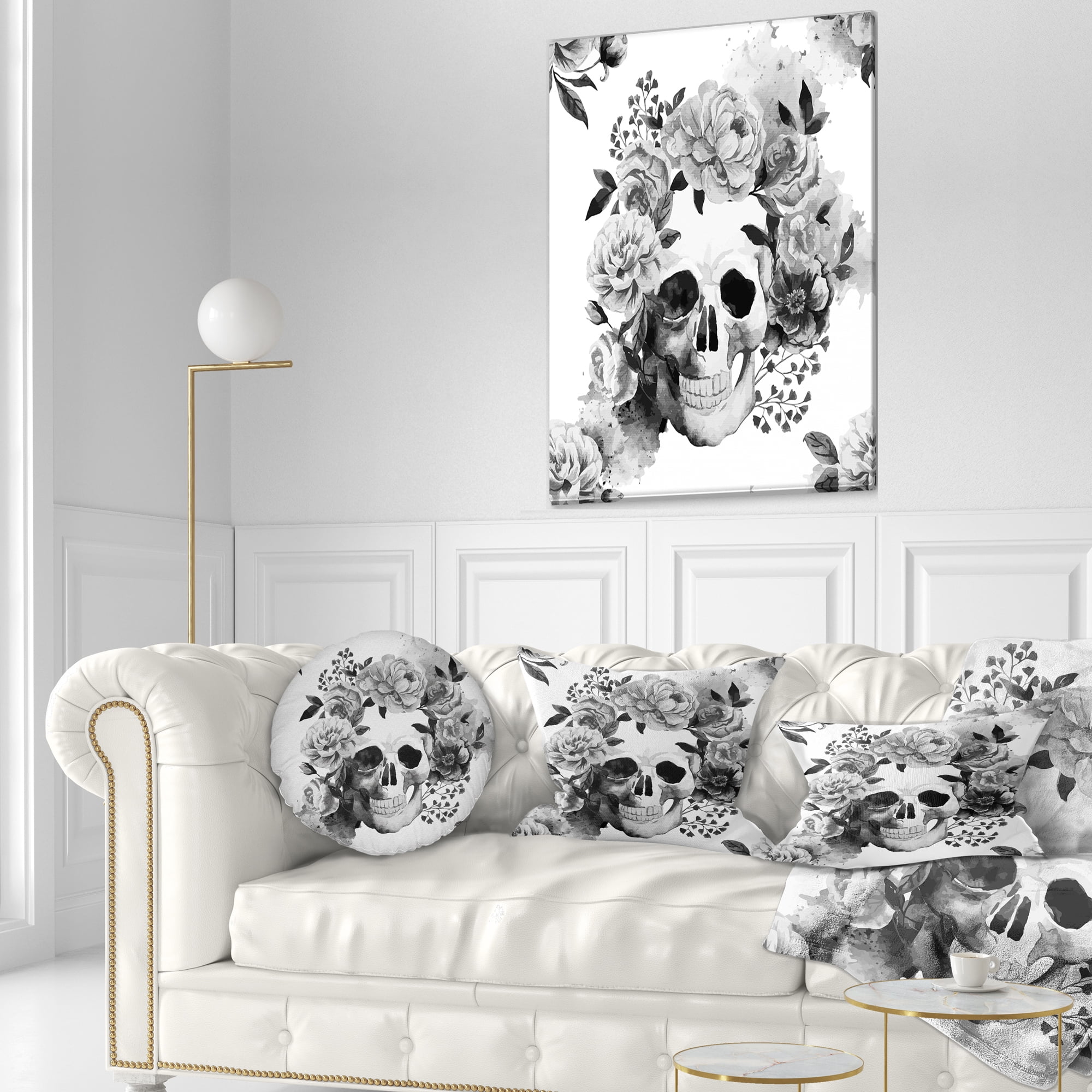Designart Peony Watercolor Skull - Abstract Throw Pillow - 12x20
