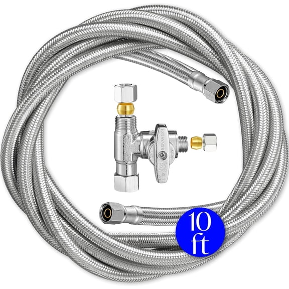 Refrirator Ice Maker Water Line Kit - 10' Braided Stainless Steel Frid Water Line with 1/4" Compression Fittings Pex Tubing Core and Water Splitter